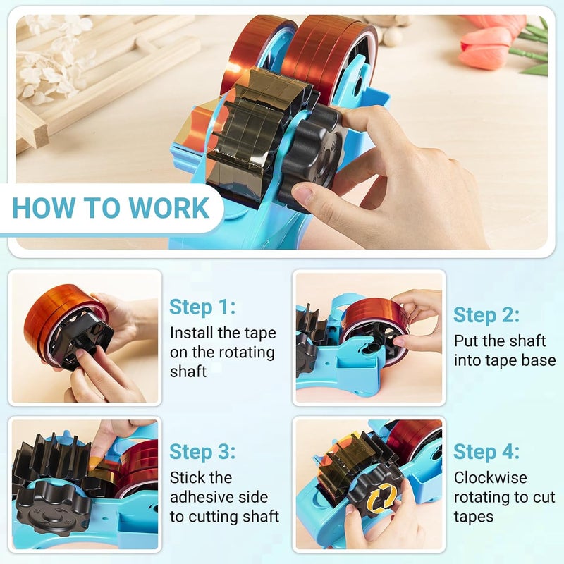 ThinkLearn Heat Tape Dispenser - Sublimation Heat Transfer Tape Dispenser with Scissors and Utility Knife, 1 '' & 3'' Core, Multi-Roll Pre-Cut Tape Dispenser for Crafting, PreCut 1.4'' Pieces, Blue - Image 4